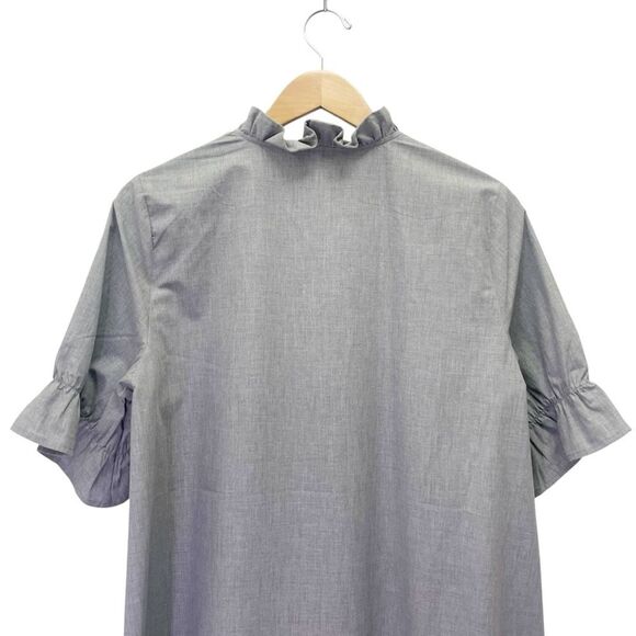 Ming Wang Cotton Shift Dress Size Small Ruffle Sleeve Gray V-Neck Poplin Unlined - Picture 6 of 12